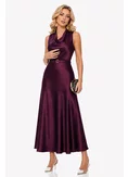 Rochie lunga eleganta din satin pruna guler fald si curea toamna 2026 picture - 1