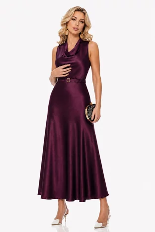 Rochie lunga eleganta din satin pruna guler fald si curea toamna 2026