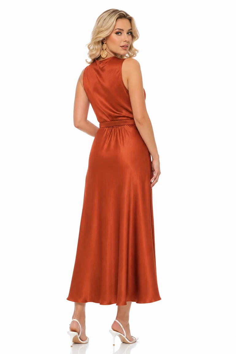 Rochie lunga eleganta din satin teracota guler fald si curea toamna 2026 picture - 2