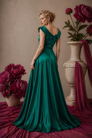 Rochie lungă elegantă Fofy din tafta verde premium cu decolteu pe umeri