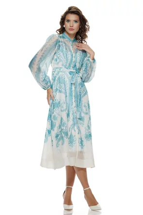 Rochie lunga premium bleu ciel din organza cu imprimeu paisley baroc cu buzunare si nasturi cristal