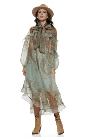 Rochie lunga premium verde din organza cu imprimeu paisley baroc  cu volane si cordon