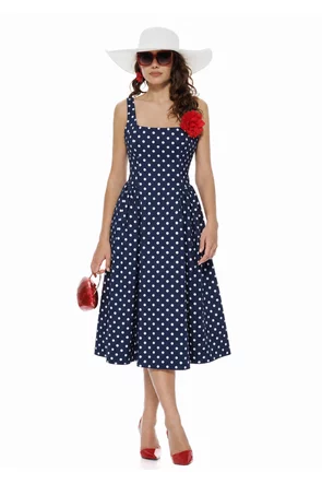 Rochie midi de vara bleumarin cu buline si cambraj cu funda la spate