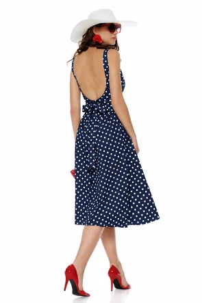 Rochie midi de vara bleumarin cu buline si cambraj cu funda la spate