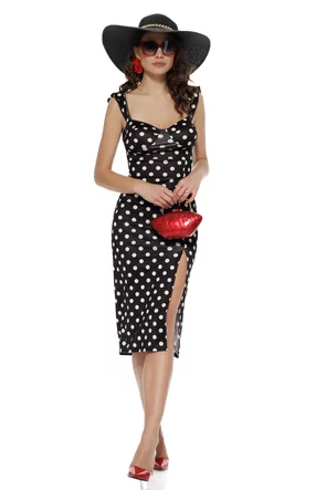 Rochie midi de vara din lycra satinata neagra cu buline si cupe buretate