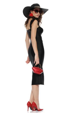 Rochie midi de vara din lycra satinata neagra si cupe buretate
