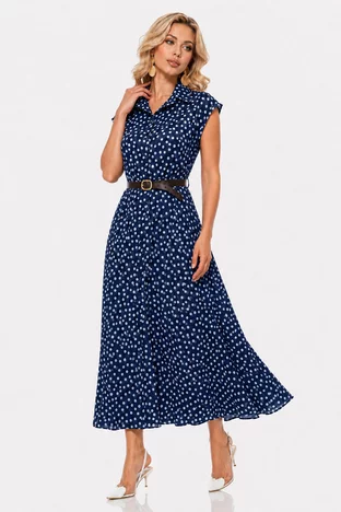 Rochie midi stil camasa din vascoza bleumarin cu buline si curea