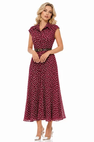 Rochie midi stil camasa din vascoza bordo cu buline si curea