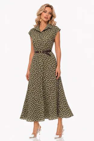 Rochie midi stil camasa din vascoza fistic cu buline si curea