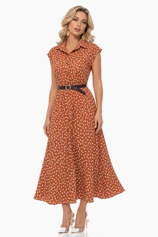 Rochie midi stil camasa din vascoza teracota cu buline si curea