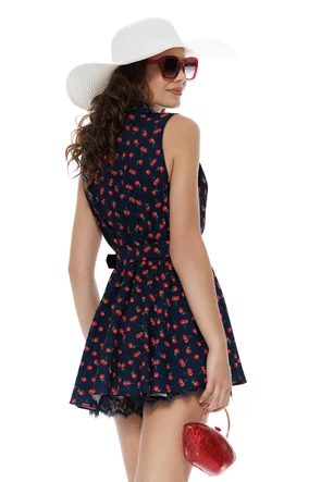 Rochie mini de vara bleumarin cu revere cu dublura de pantalon scurt conturat cu dantela imprimeu cirese