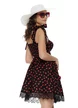 Rochie mini de vara neagra cu cirese cupe buretate fusta in pliuri conturata cu dantela