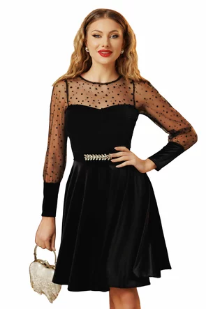 Rochie  neagra Fofy clos din catifea  cu maneci bufante din tull cu buline