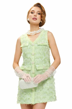 Rochie premium eleganta stil sarafan din tweed lime cu nasturi bijuterie din perle
