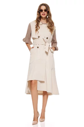Rochie stil trench crem fara maneci captusita cu volan si buzunare