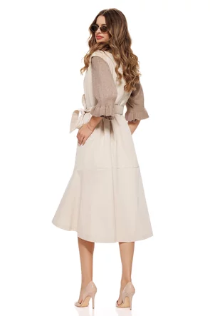 Rochie stil trench crem fara maneci captusita cu volan si buzunare