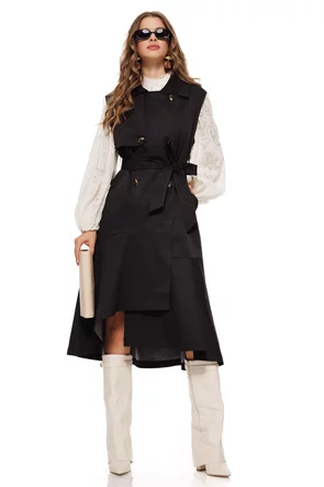 Rochie stil trench neagra fara maneci captusita cu volan si buzunare