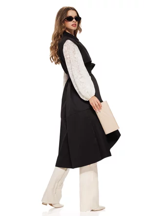 Rochie stil trench neagra fara maneci captusita cu volan si buzunare