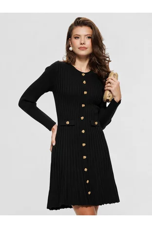 Rochie tricotata neagra din tricot premium cu nasturi eleganti aurii