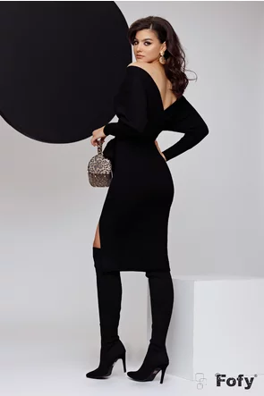 Rochie tricotata neagra premium cu maneca fluture si crapatura pe picior