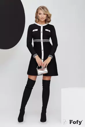 Rochie tricotata premium neagra cu insertii albe si nasturi cu cristale
