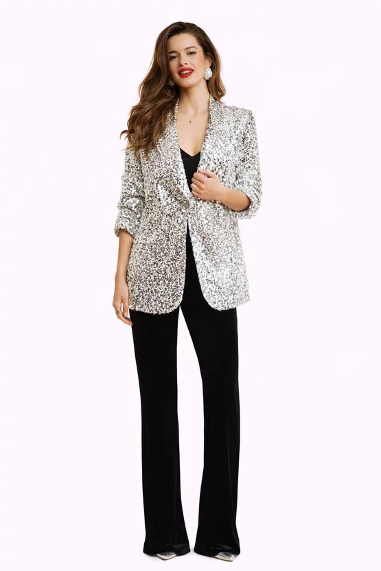 Sacou dama elegant de ocazie premium din paiete argintii picture - 3