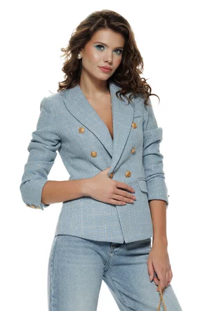 Sacou dama elegant din stofa tweed premium baby blue cu nasturi metalici