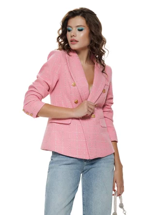 Sacou dama elegant din stofa tweed premium roz cu nasturi metalici