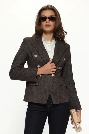 Sacou dama elegant maro din stofa pepit catifelata cu nasturi metalici