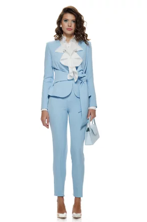 Sacou dama Fofy bleu cu croiala cambrata cu cordon in talie si fara revere