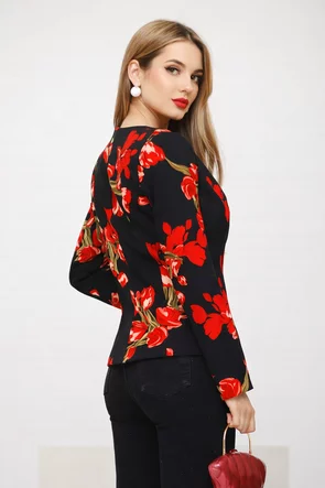 Sacou dama Fofy elegant  negru cu croiala cambrata si imprimeu lalele rosii