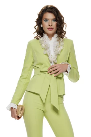 Sacou dama Fofy verde lime cu croiala cambrata cu cordon in talie si fara revere