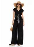 Salopeta de vara din vascoza neagra decoltata cu pantalon lejer si esarfa cu buline picture - 1