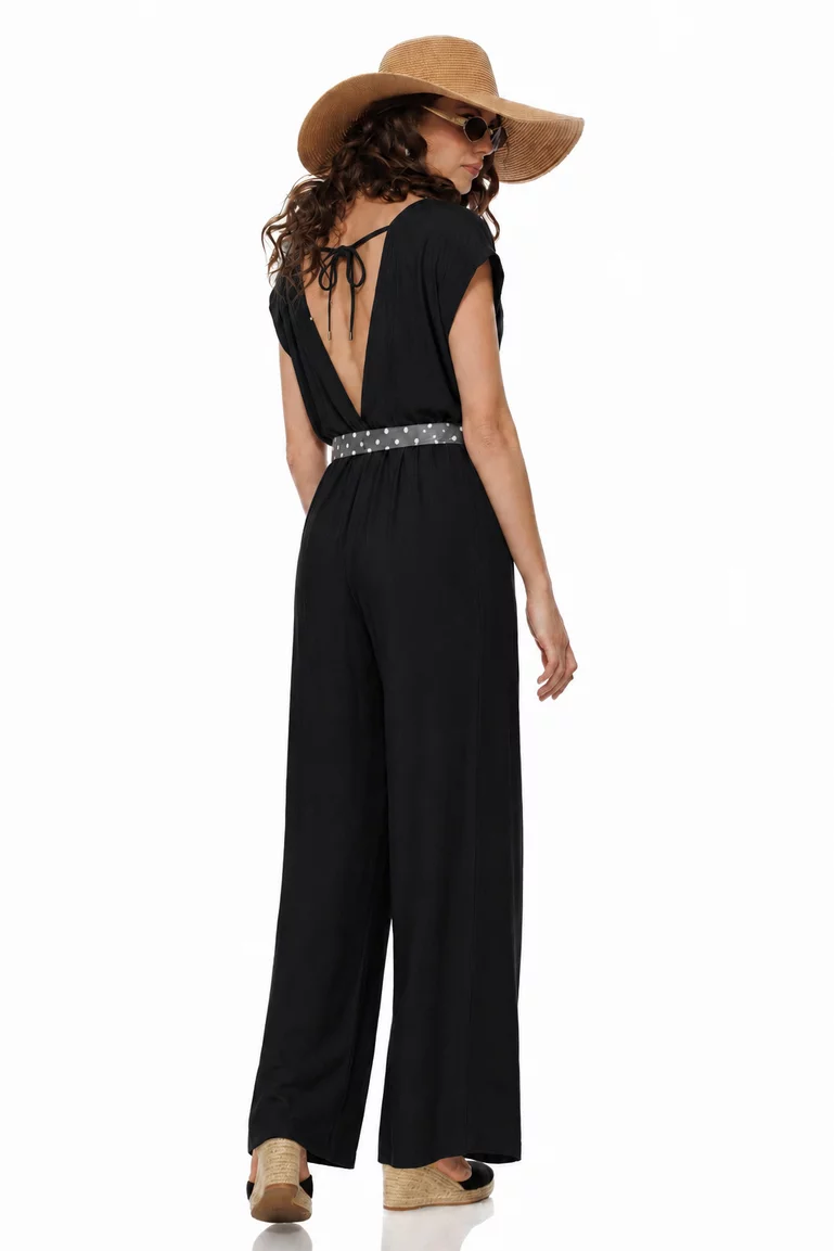 Salopeta de vara din vascoza neagra decoltata cu pantalon lejer si esarfa cu buline picture - 2