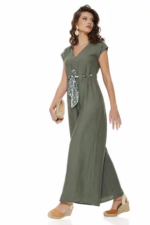Salopeta de vara din vascoza olive decoltata cu pantalon lejer si esarfa cu buline