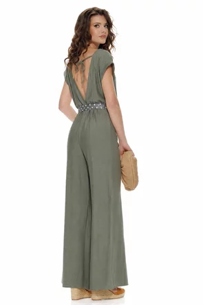 Salopeta de vara din vascoza olive decoltata cu pantalon lejer si esarfa cu buline
