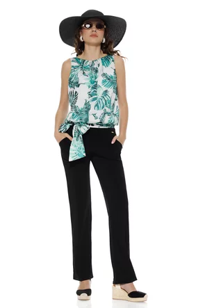 Salopetă eleganta Fofy de vara cu pantalon elastic si bust de voal frunze stilizate verzi