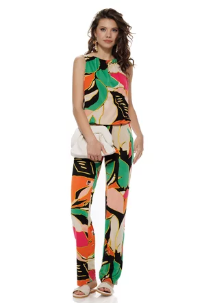 Salopetă Fofy de vara cu pantalon imprimeu frunze stilizate multicolore