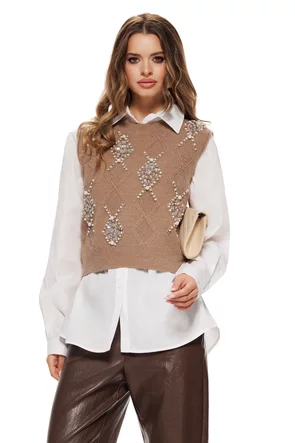 Set dama vesta ticotata mocca mouse cu aplicatii perle cristale margele paiete si camasa alba