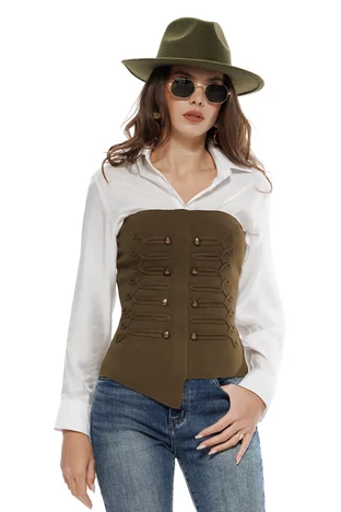 Set premium camasa alba din vascoza cu stralucire fina si top army tricotat stil corset army