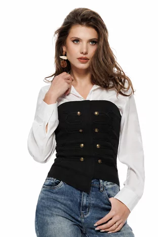 Set premium camasa alba din vascoza cu stralucire fina si top negru tricotat stil corset army