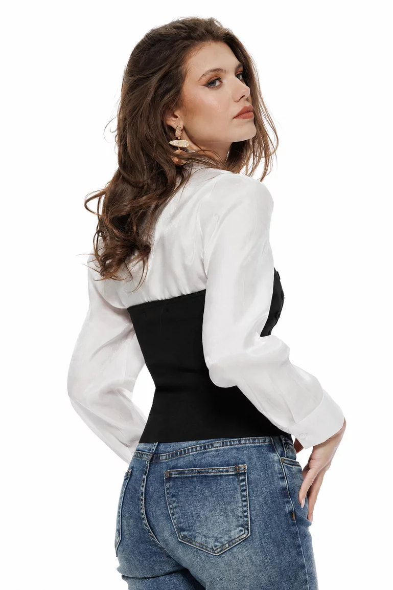 Set premium camasa alba din vascoza cu stralucire fina si top negru tricotat stil corset army picture - 2