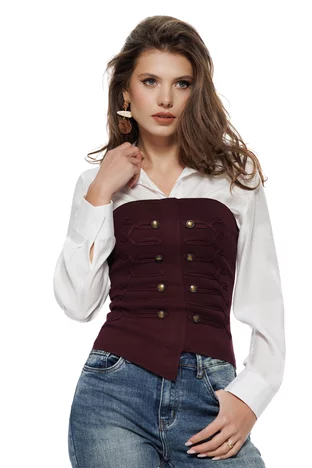 Set premium camasa alba din vascoza cu stralucire fina si top pruna tricotat stil corset army