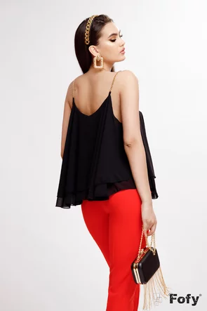 Top elegant negru din voal dublu cu bretele din lantisor auriu