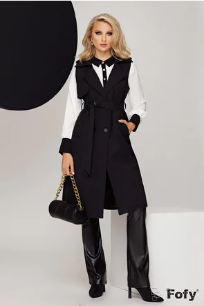 Trench dama negru modern stil vesta cu cordon in talie