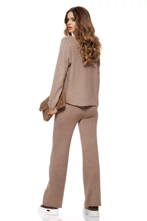 Trening dama tricotat bej melange cu pulover cu amchior si pantalon evazat