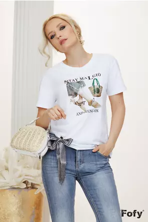 Tricou dama alb premium cu aplicatii de strasuri si margele fundita cu prindere inedita