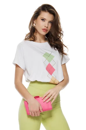 Tricou dama alb premium imprimeu argyle fashion trend 2026 pastelat