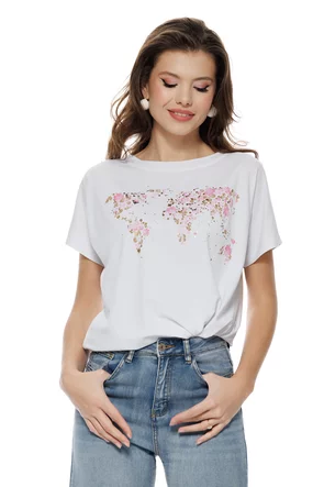 Tricou dama alb premium imprimeu harta lumii florala roz