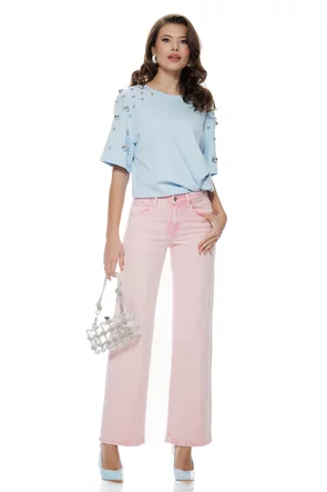 Tricou dama baby blue premium din bumbac cu accesorii metalice argintii